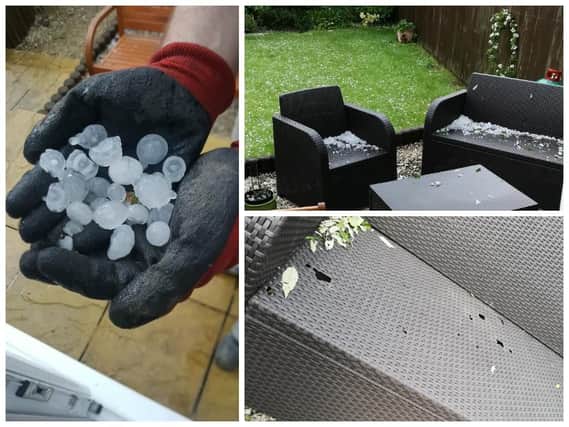 Golf ball sized hailstones punched through plastic garden furniture. (Pictures and video by Edward George)