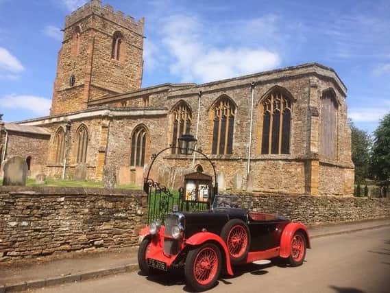 The 1931 Alvis Silver Eagle outside the Watford village Church of St Peter & St Paul