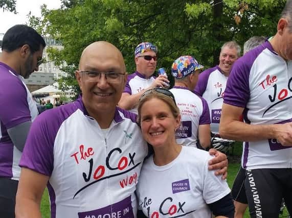 Jo Coxs sister, Kim Leadbeater, and The Jo Cox Way founder Sarfraz Mian prepare for this years cycle ride from West Yorkshire to London