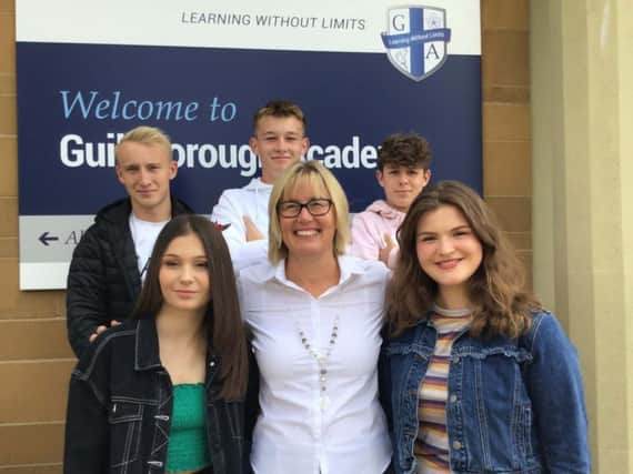 Guilsborough Academy pupils pose with principal Julie Swales