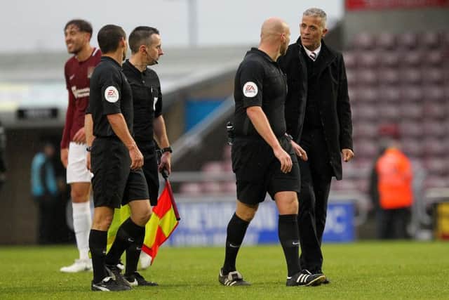 Keith Curle had a word with referee Charles Breakspear at full-time on Saturday. Picture: Sharon Lucey