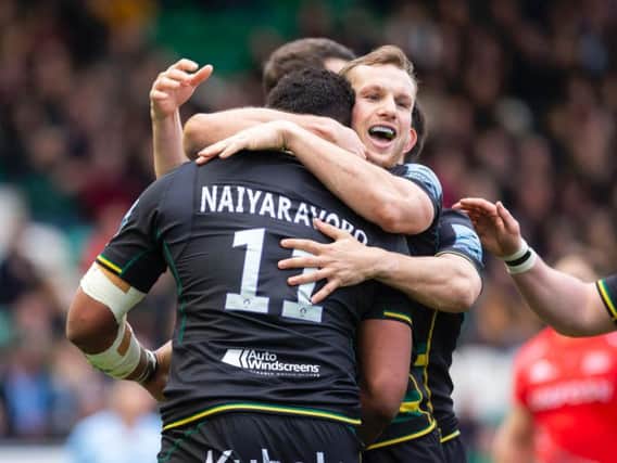 Rory Hutchinson and Taqele Naiyaravoro celebrated the Australian wing's try in the superb success against Sale Sharks (picture: Kirsty Edmonds)