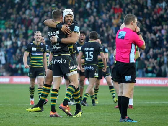Luther Burrell celebrated with James Grayson after Saints' win against Bath last Saturday (picture: Sharon Lucey)