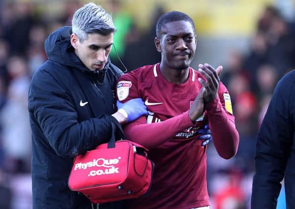 Marvin Sordell had to leave the pitch in the first half of the win over Exeter following a clash of heads (Picture: Sharon Lucey)