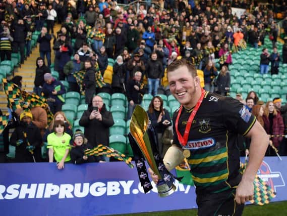 Alex Waller was all smiles after lifting the Premiership Rugby Cup at Franklin's Gardens on Sunday afternoon