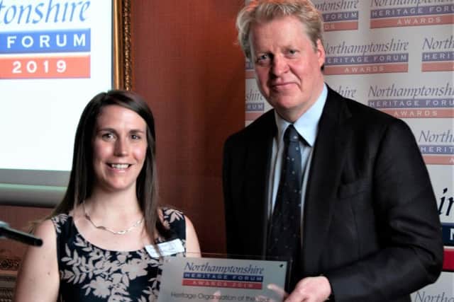 Daventry Museum's development and liaison officer Sophie Good with The Right HonEarl Spencer at the Northamptonshire Heritage Forum Awards.
