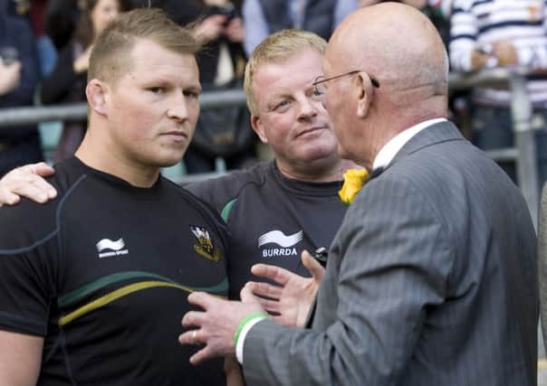 RALLYING ROUND - Dylan Hartley talks to Dorian West and Keith Barwell following Saturday's defeat (Picture: Linda Dawson)