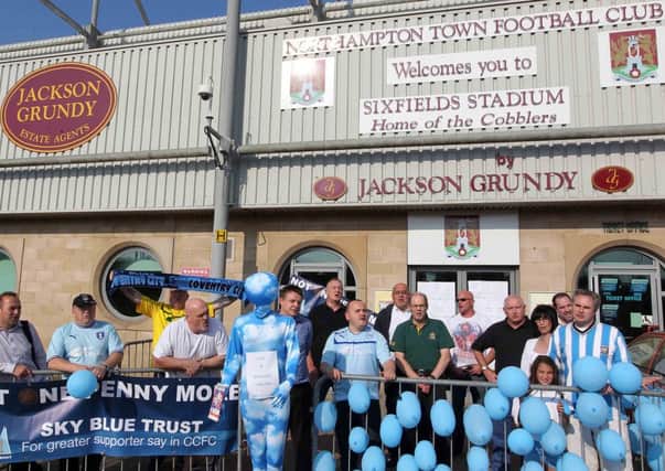 Coventry City supporters protest group Not A Penny More protest outside Sixfields Stadium
