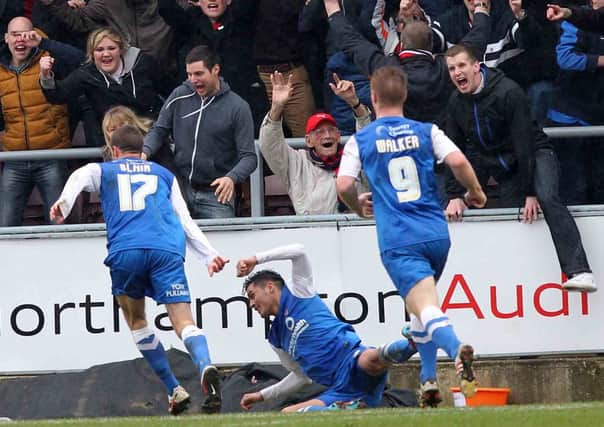 BAD DAY - York City celebrate the second goal in their 2-0 win over the Cobblers at Sixfields in April