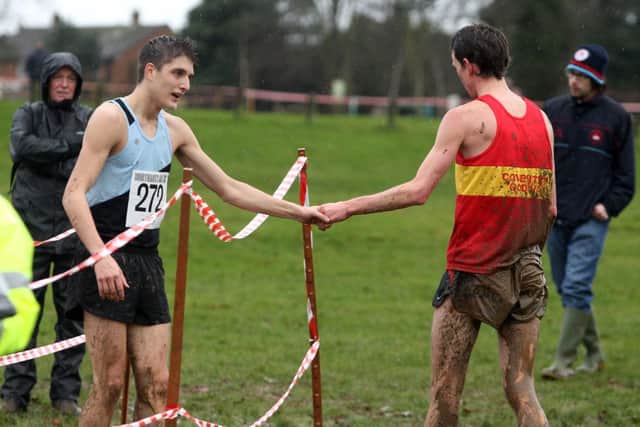 Cross Country :Kettering: Wicksteed Park Northamptonshire Athletic Association Cross-Country Championships. 
Race 5  Senior Men
Jacob Allen 272 (Rugby and Northampton) winner of Under 20's shakes hands with Tom Bark 238 from Corby senior men's winner
Saturday 4th  January  2014