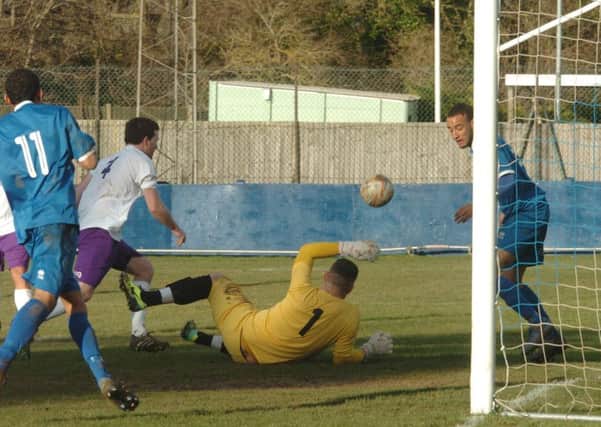 SO CLOSE - action from Daventry Town's 2-1 win at Barton Rovers last weekend