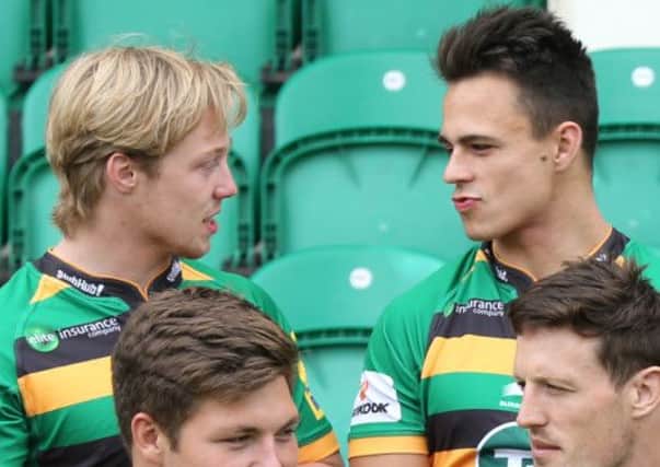 SETTLING IN - new signing Joel Hodgson chats to Tom Collins during the Saints' media day at Franklin's Gardens on Wednesday (Picture: Kirsty Edmonds)