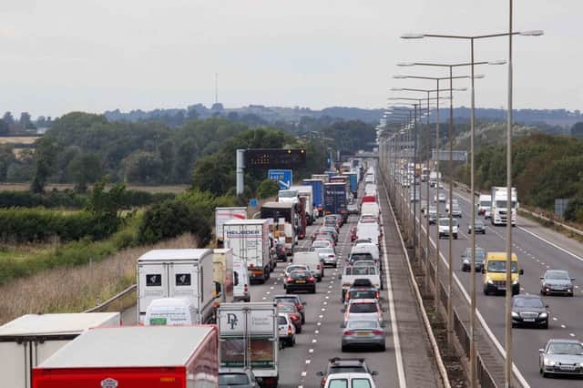 Traffic queuing on the M1 northbound between junction 15a and 16 after an earlier lorry fire. ENGNNL00120120920184202