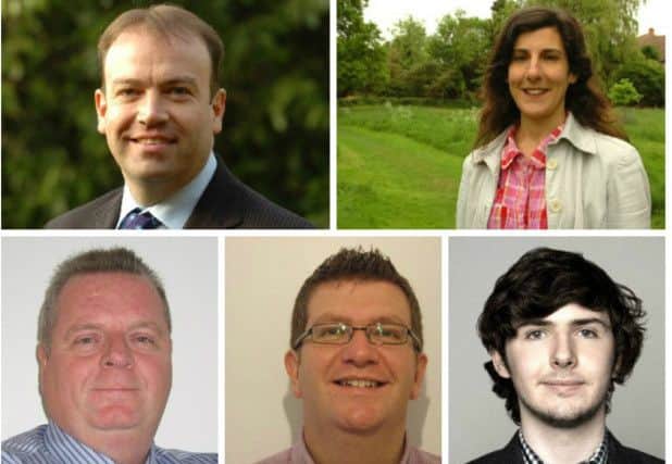The 2015 candidates, clockwise from top left, Chris Heaton-Harris, Abigail Campbell, Callum Delhoy, Steve Whiffen, and Michael Gerard.