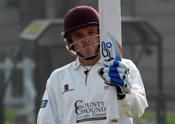 HE'S COME A LONG WAY - David Willey celebrates scoring a 50 during his first-class debut for Northants as a 19-year-old in 2009 (above), and then celebrates his maiden first-class century earlier this season (below)