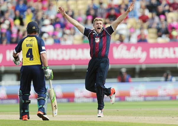 STUNNING START - David Willey celebrates claiming the crucial early wicket of Varun Chopra (Pictures: Kirsty Edmonds)