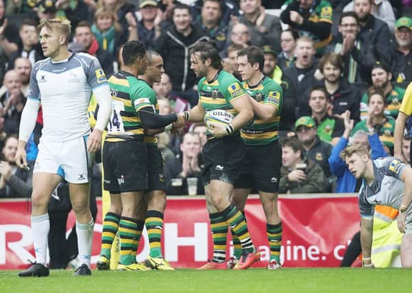 Saints celebrate Ben Foden's second try at stadium:mk (picture: Kirsty Edmonds)