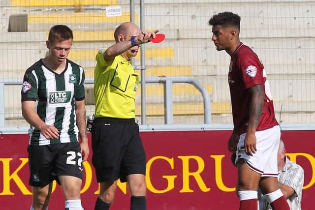 SEEING RED - Josh Lelan is sent off in the Cobblers' 2-0 defeat to Plymouth in August