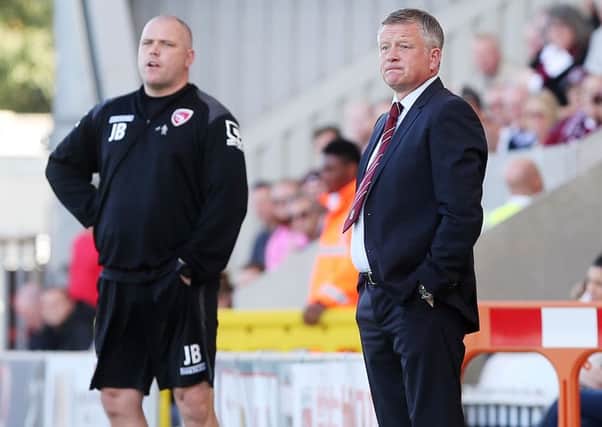 MUTUAL RESPECT - Chris Wilder alongside Morecambe boss Jim Bentley during the Cobblers' 4-2 win at the Globe Arena in September