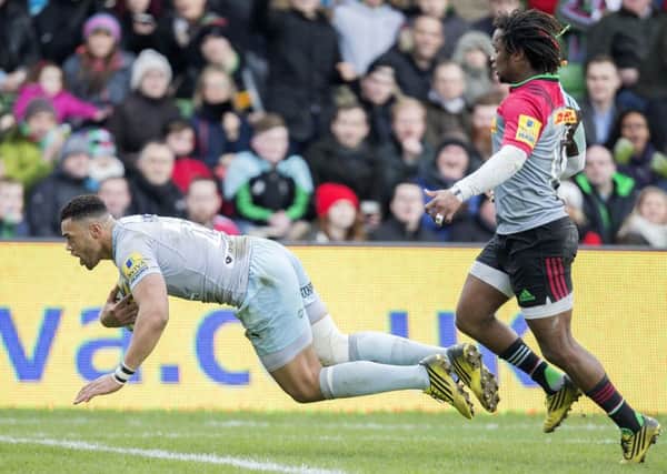FLYING - Luther Burrell dives over for his try in the win at Harlequins (Picture: Kirsty Edmonds)
