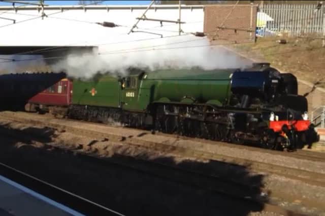 The Flying Scotsman passing through Sandy Rail Station