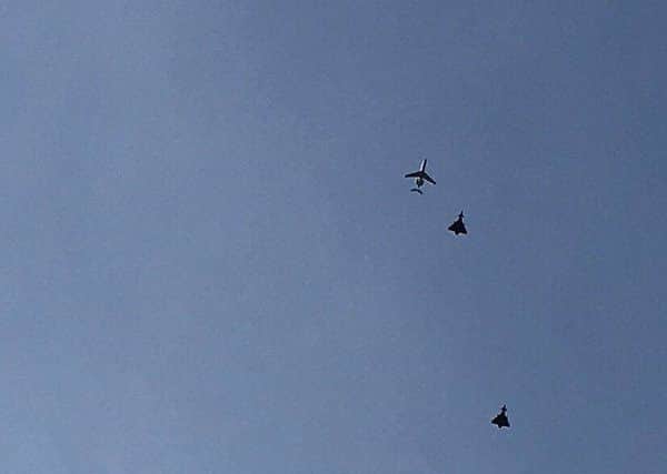 The two Eurofighter jets escorting the private jet near Cardiff airport. Picture by Paul Clarke.