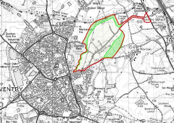 The site of the SUE outlined in red. The green buffers around the edge of the homes is also shown.
