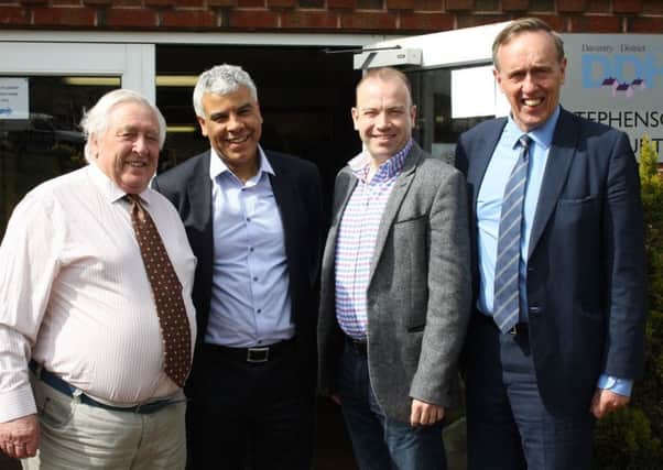 From left, DDH resident and board member David Leathley, DDH Interim Executive Director Alan Brunt, Chris Heaton-Harris MP and Cllr Chris Millar, leader of Daventry District Council