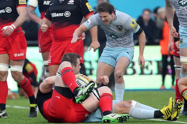 Stephen Myler dotted down as Saints beat Saracens in March
