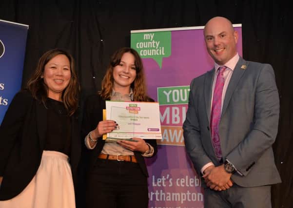 Alison Li of CDS presents the Young Apprentice of the Year to Leah Thompson with Councillor Matthew Golby.
PICTURE: ANDREW CARPENTER