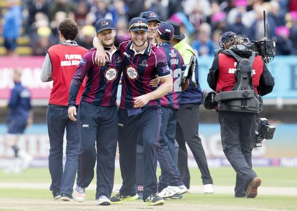 VICTORY SMILES - Ben Duckett and Alex Wakely celebrate Northants' Steelbacks T20 semi-final win over Notts Outlaws at Edgbaston (Pictures: Kirsty Edmonds)
