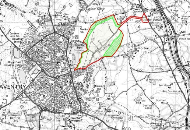 The map of the extension site. The red line is the maximum extent of the site. Houses are likely to be contained in the white area in the middle of the site