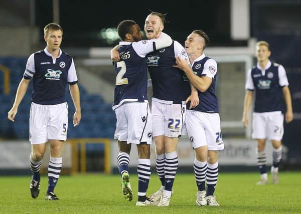 Aiden O'Brien celebrates scoring in Millwall's 2-0 win over the Cobblers in the Johnstone's Paint Trophy last season