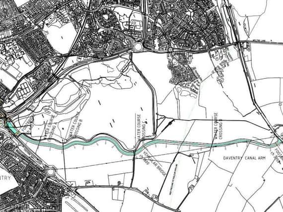 The canal arm, running from the iCon roundabout on the left of this map to the Grand Union Canal on the right.