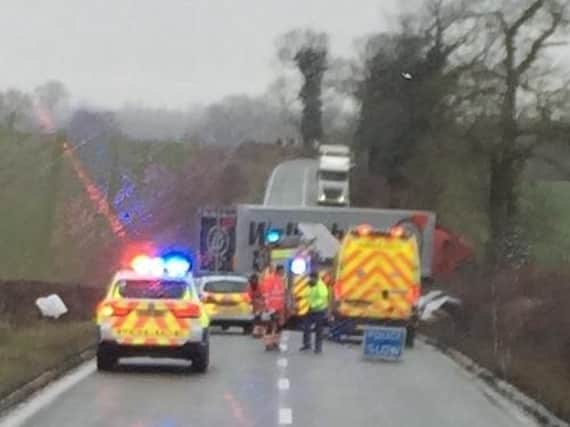 The A361 was closed after a collision between a lorry and a car yesterday.
