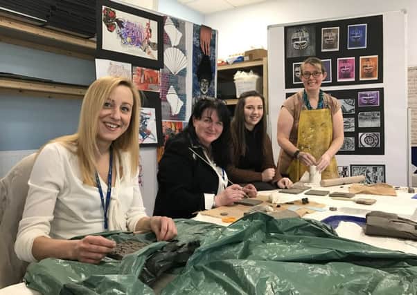 From left, Agata Burns, who works in the enrolment centre at Daventry, college principal Pat Brennan-Barrett, art and design student Becky Kilsby, art and design student Stira Hajibrahi