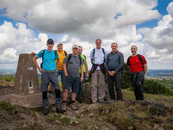 In this picture, from left to right, are: Glenn Weston, Rob Kinning, Martyn Wood, Phil Wright, Pete Wisdish, Simon Whiting & John Cartwright. The group were preparing for the challenge on  Charnwood Peaks in Leicestershire.
