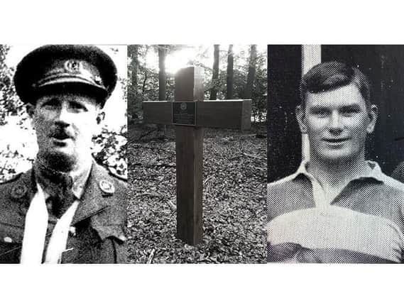 Edgar Mobbs (left), the new Mobbs' memorial in Shrewsbury Forest (centre) and Tom Collins (right)