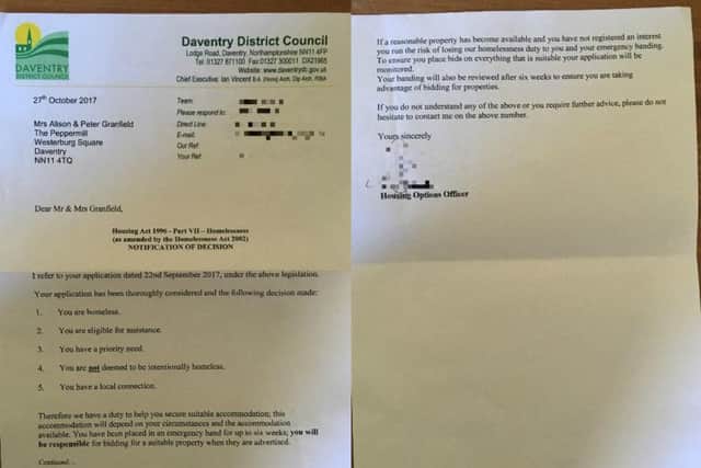The letter confirming Mrs Granfield's place on the homeless list.